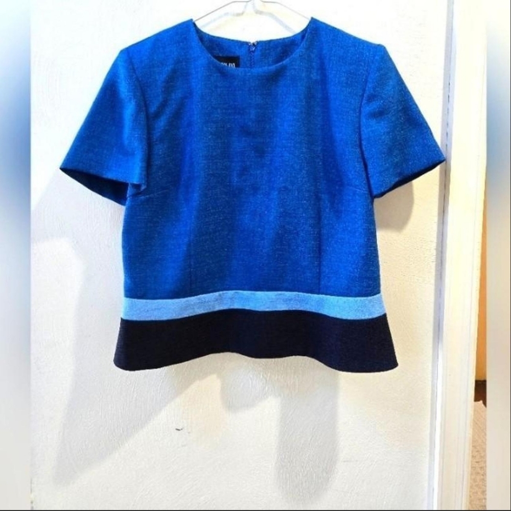 Leslie Fay Color-Block Blue and Black Short Sleeve Peplum Office Shirt 6 Petite